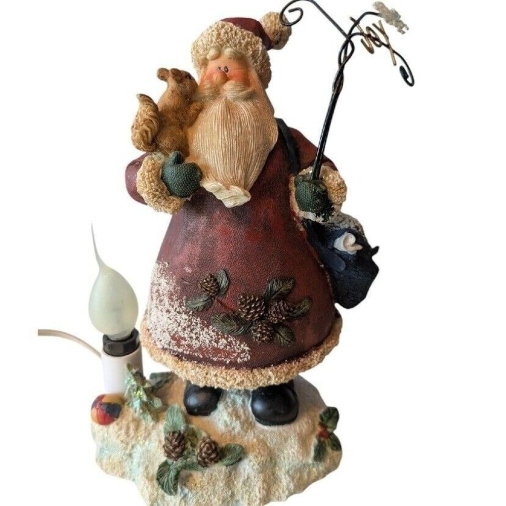 Santa Claus Fisherman Figure Light Up Squirrel Decor 9" x 6.5"xx 5" Cabicore